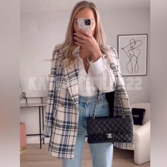 NWT Zara Blogger Blue White Double Breasted Textured Blazer Jacket. - Picture 3 of 13